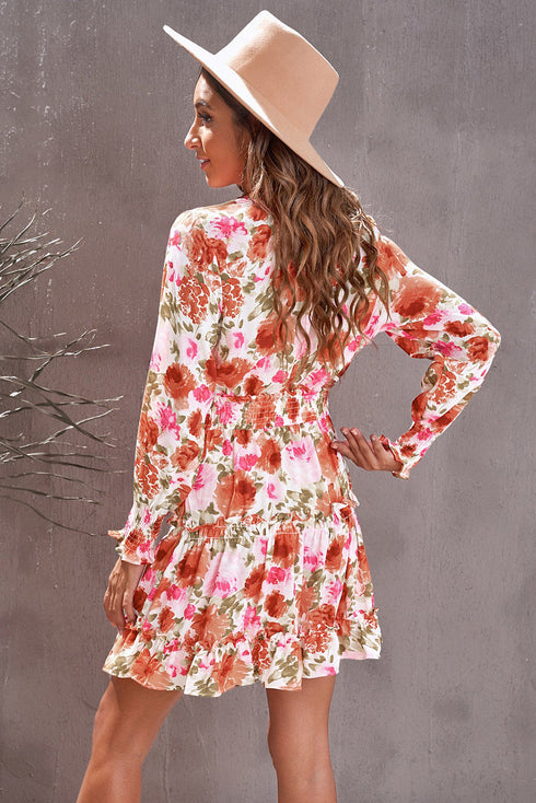 V Neck Long Sleeve Tie Waist Mini Dress